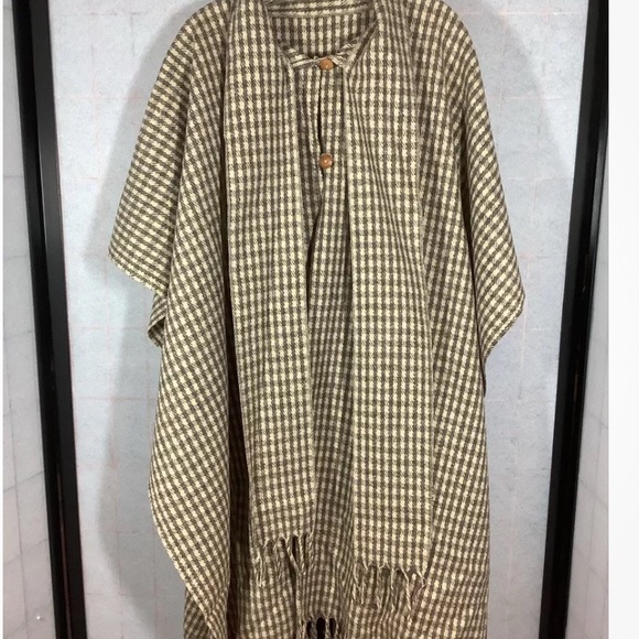 Grey Hounds Tooth Poncho Cape Wrap Coat Wool Button Front Fringe Scarf One Size - Picture 2 of 11